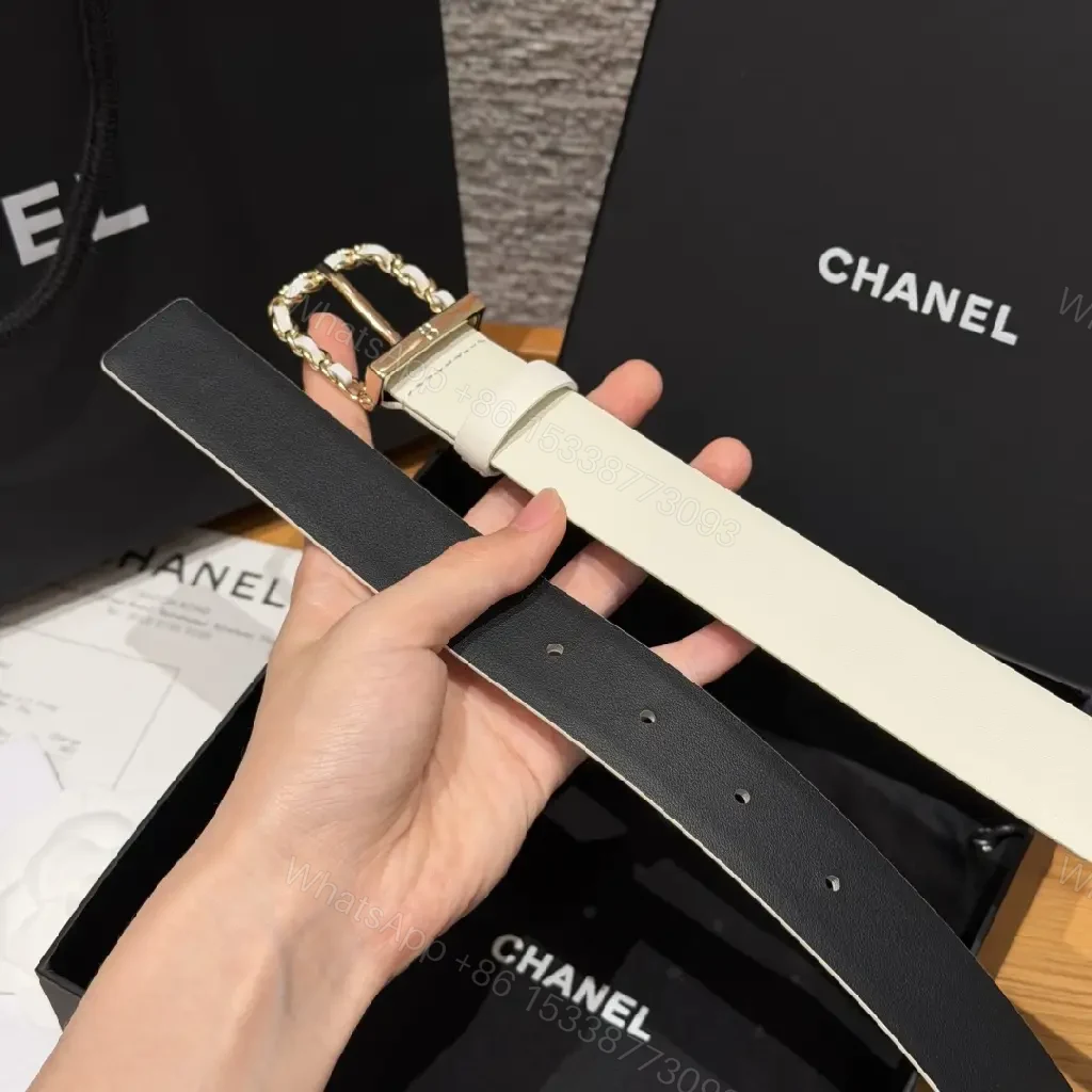 View 5 of White Leather Belt Gold Chain Buckle Modern Chic Chanel Logo Tag Belt