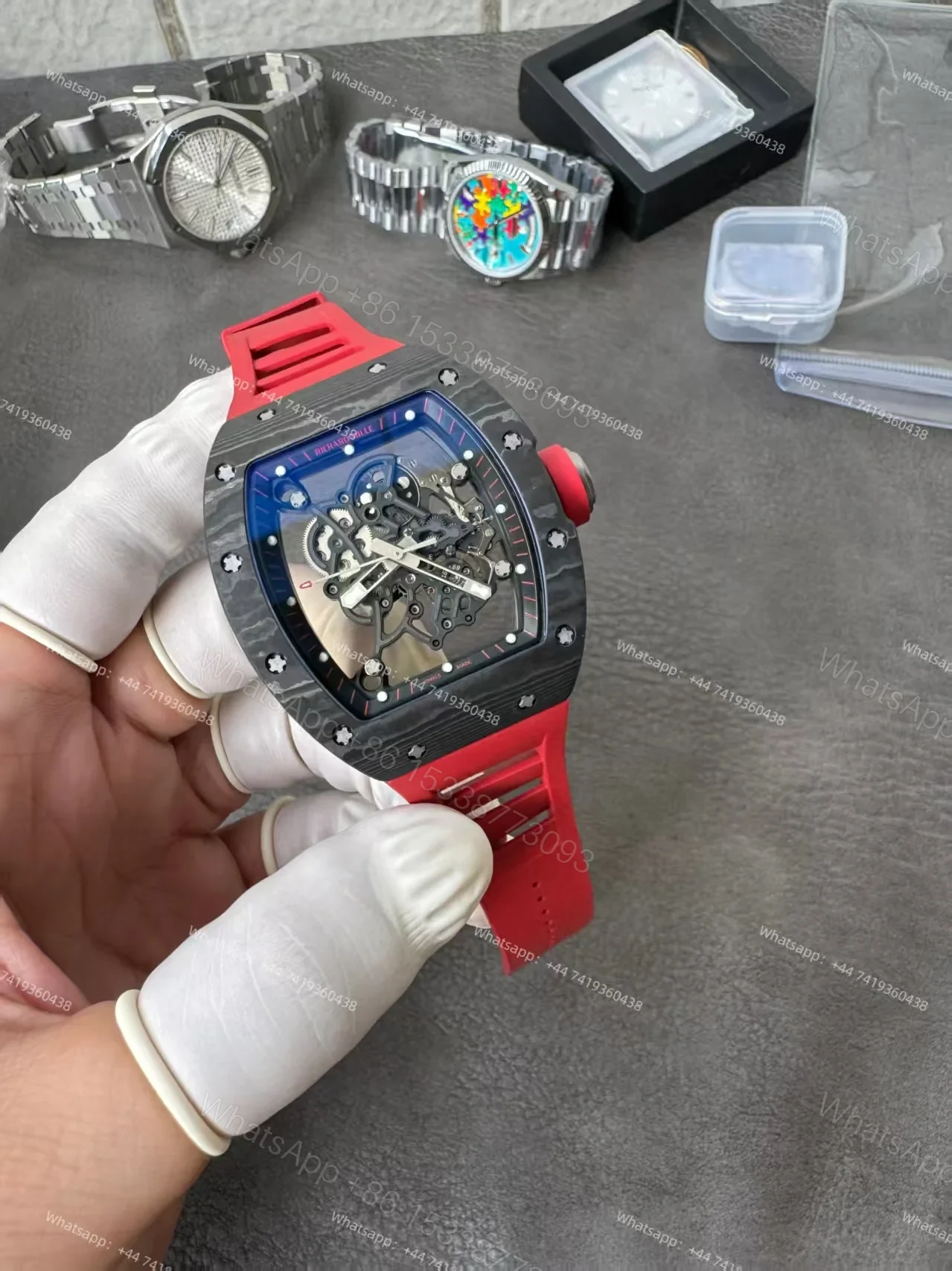 View 8 of Richard Mille RM 055 Carbon TPT Skeleton Vaucher Free-Sprung Movement Red Rubber Strap Custom Super Clone