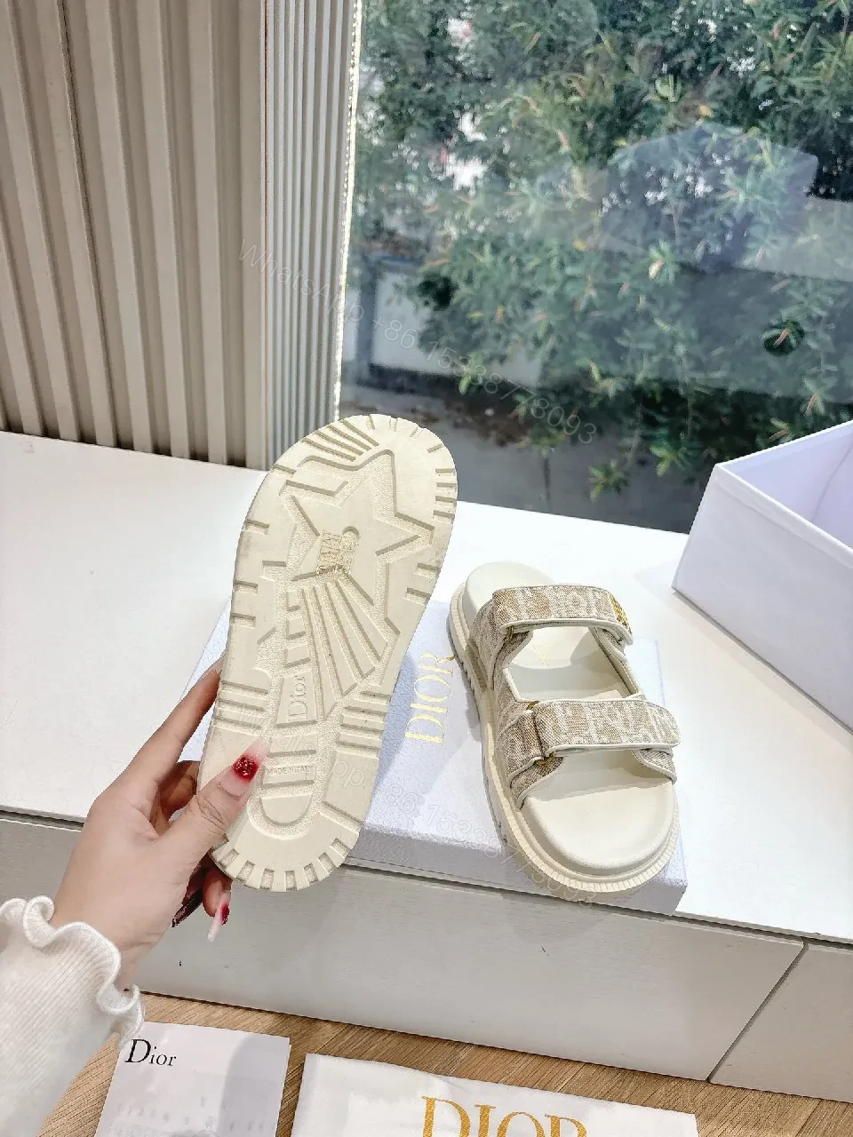 View 2 of Beige Monogram Strapped Slides: Elevated Comfort