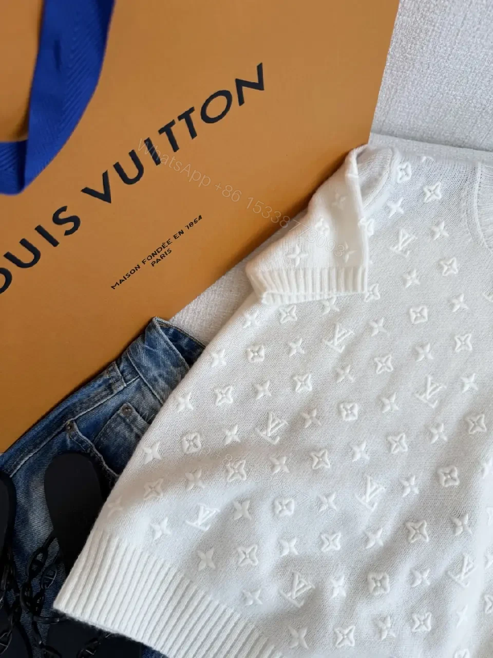 View 4 of White Knit Sweater Baggy Monogram Star Pattern Crew Neck Knitwear