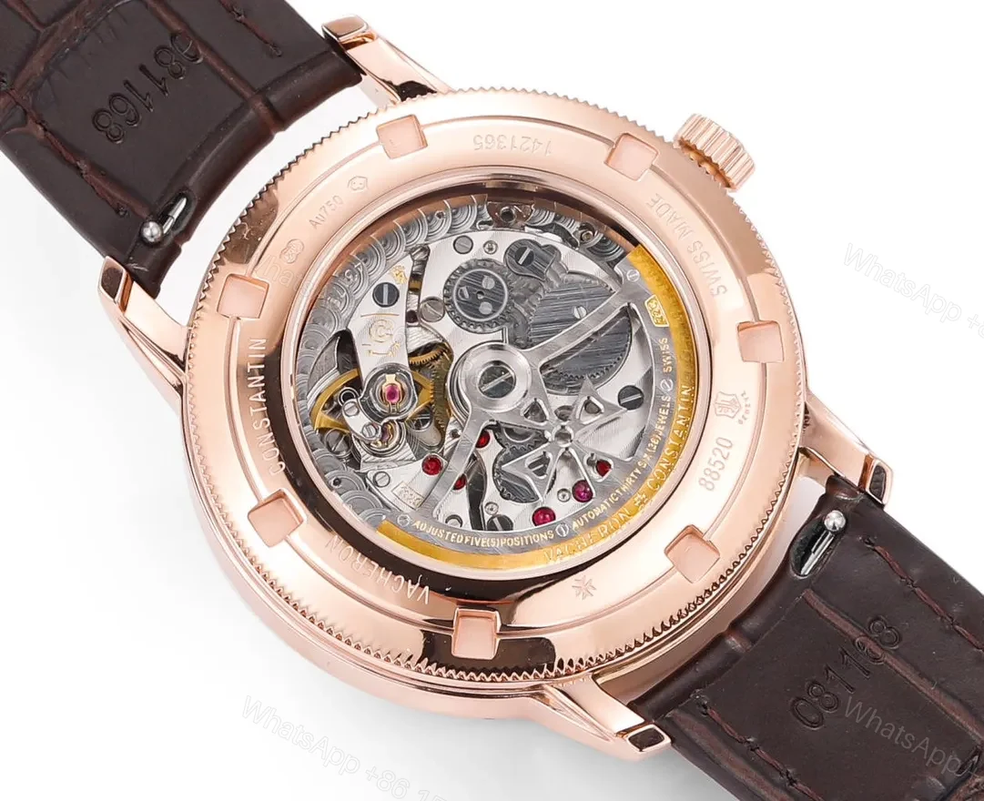View 3 of GS Factory Vacheron Constantin Traditionnelle 83520/000R-9909 Rose Gold Mechanical Watch with Brown Leather Strap – Multi-Function with Power Reserve, Date, and Small Seconds