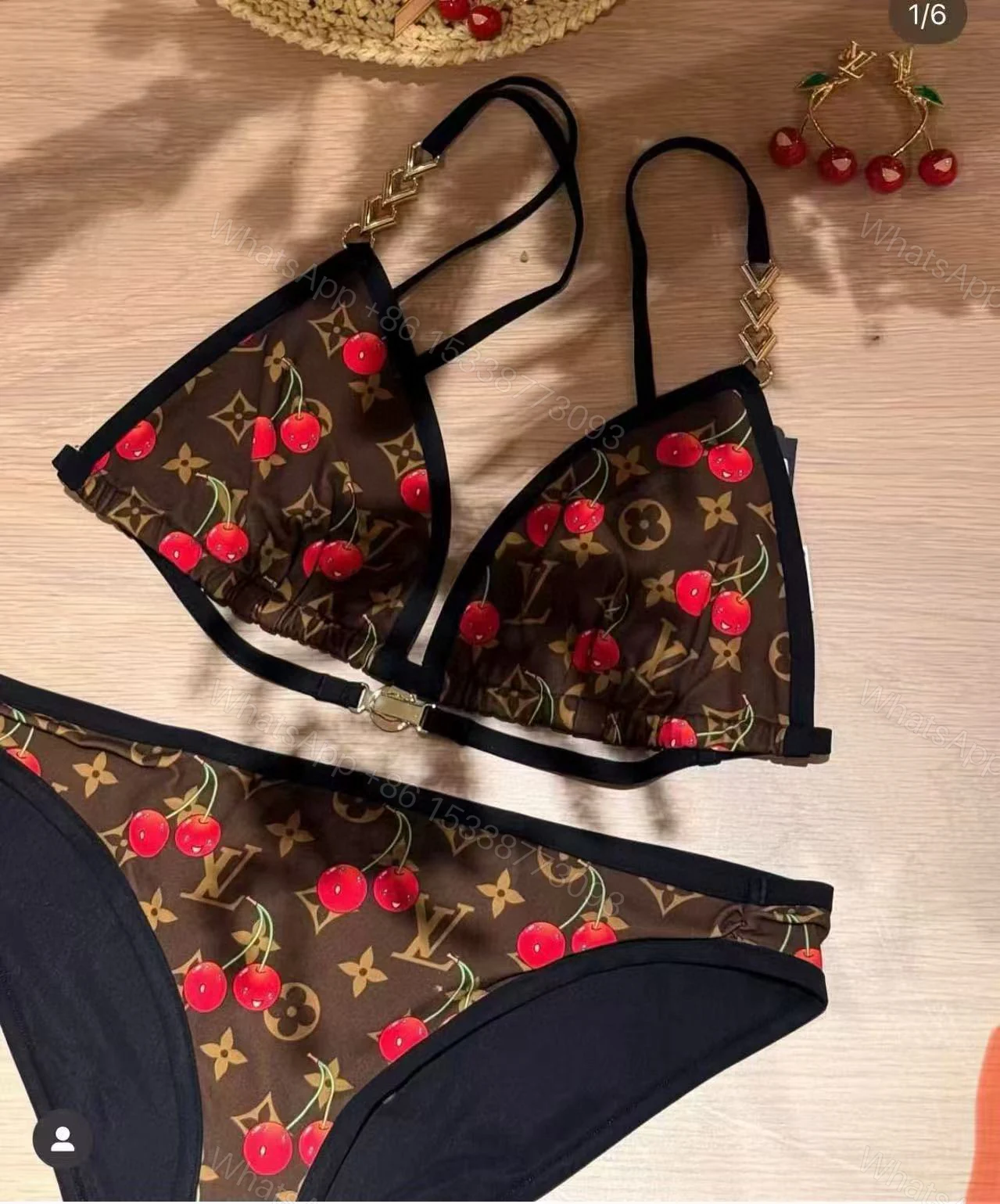 LV 一比一比基尼 棕色櫻桃印花金扣時尚款 — view 1
