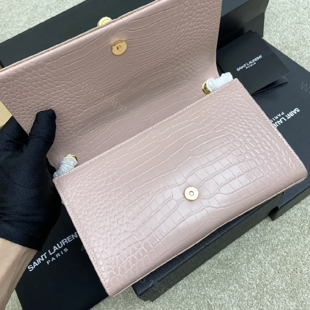 View 7 of Soft Pink Croc Leather Clutch with Gold Hardware