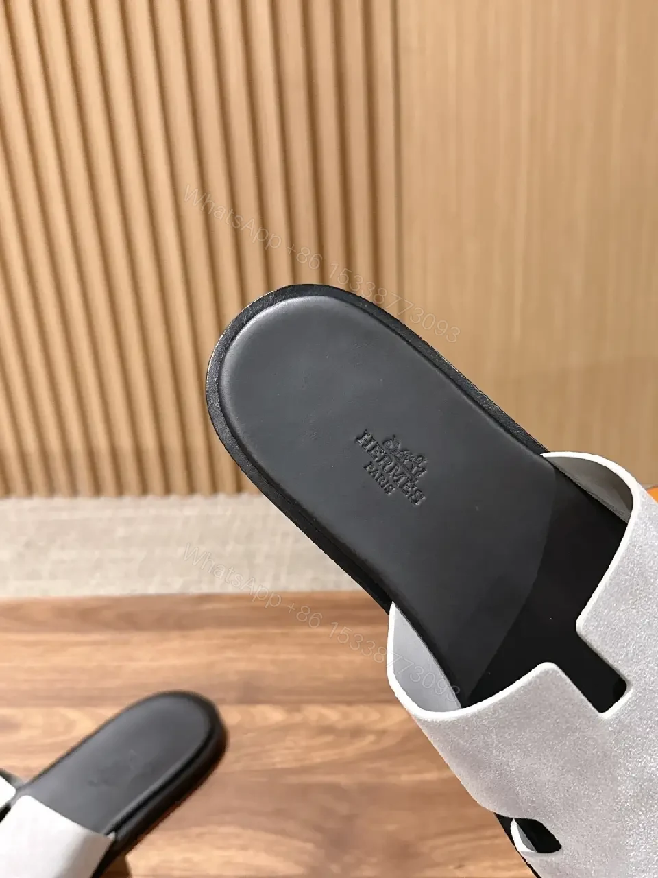 View 2 of Grey suede slide sandals with cutout strap for premium everyday luxury