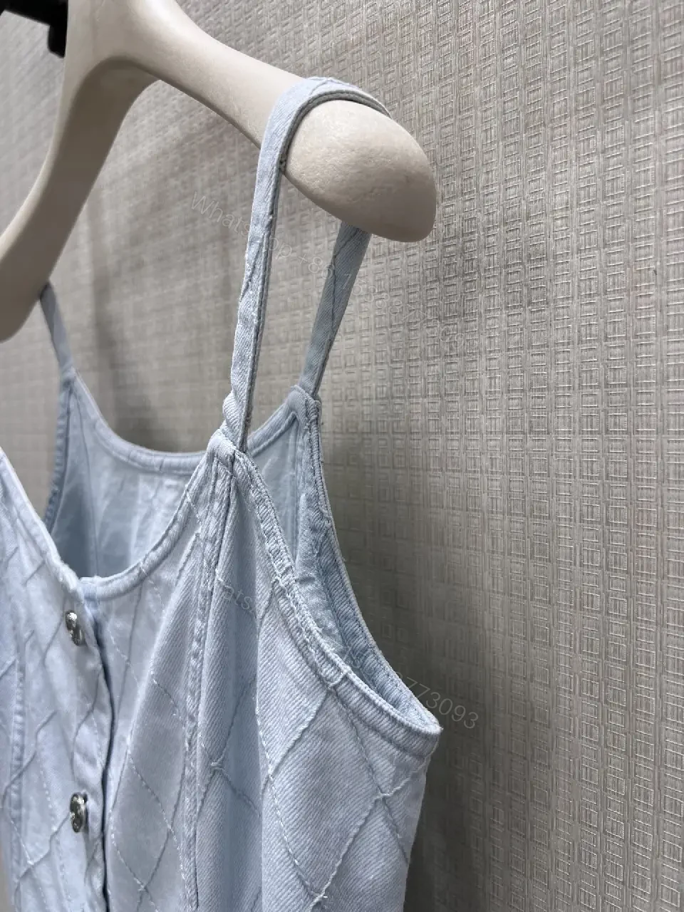 View 8 of Light blue quilted denim dress with diamond pattern, button-front, premium everyday luxury