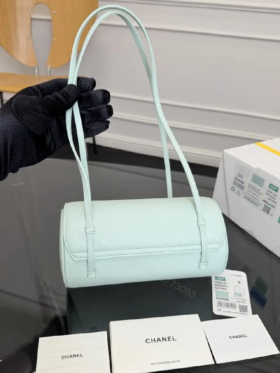 View 6 of Mint Textured Mini Bag with Gold Logo, Crossbody-Optional Luxury