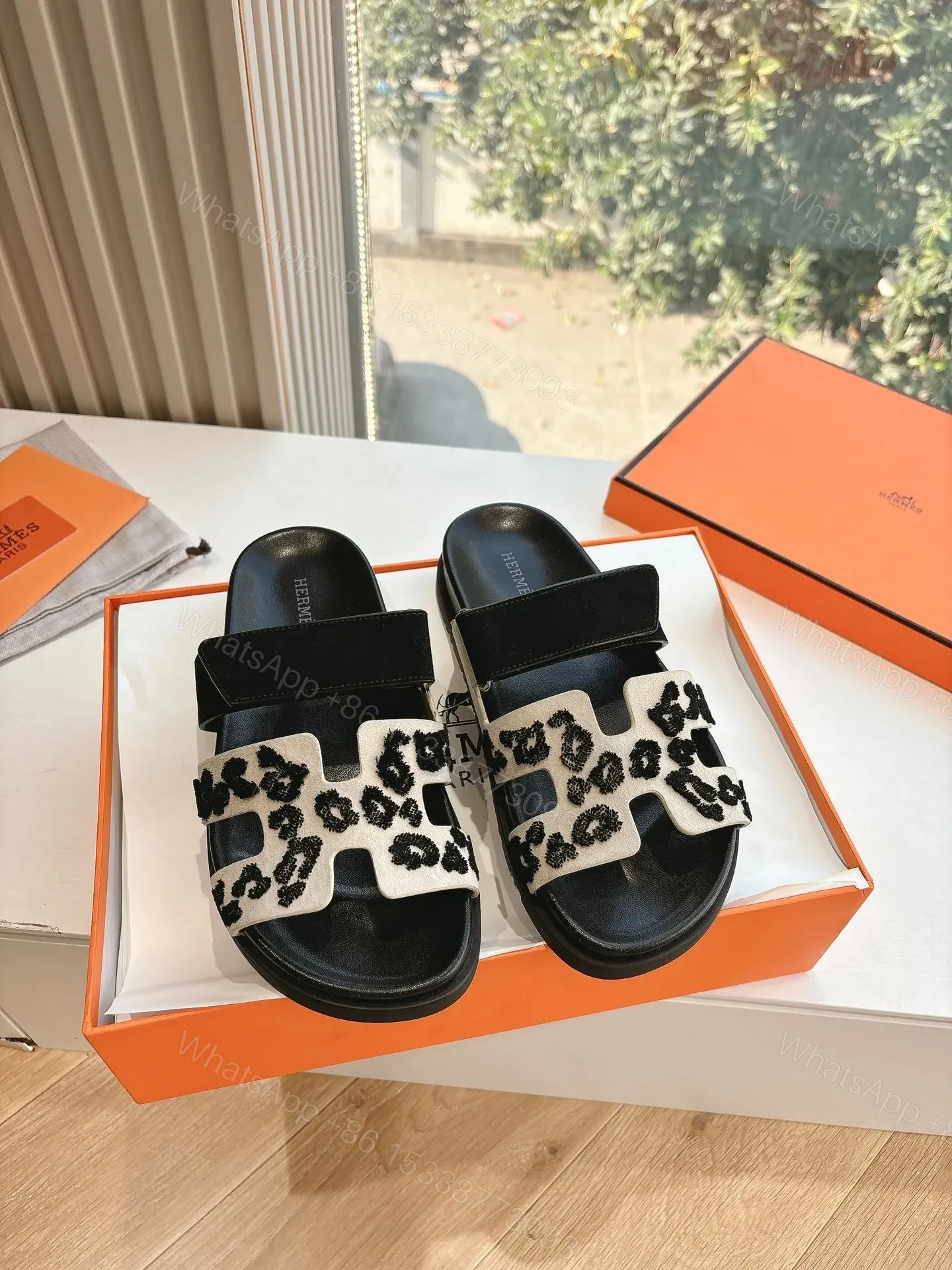 View 5 of Hermes Women Black Suede And Leopard Print Sandals