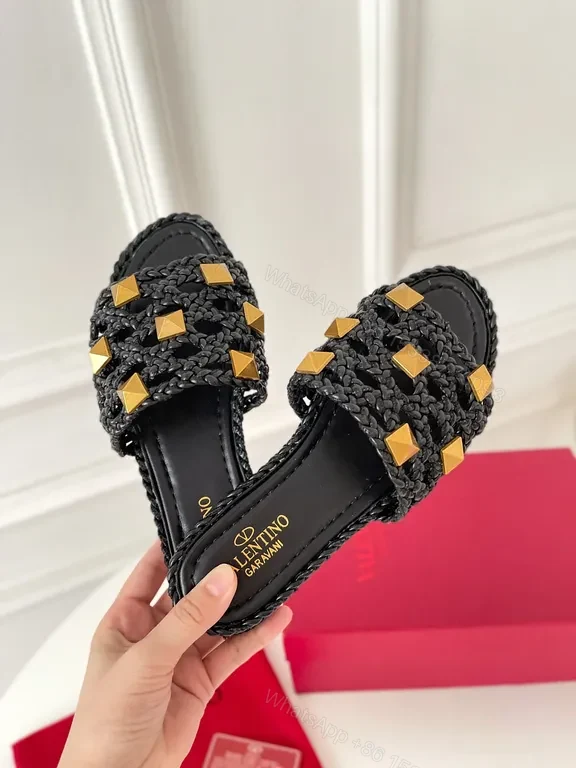 View 7 of Valentino Black Braided Slides with Gold Studs - Luxury Sandal