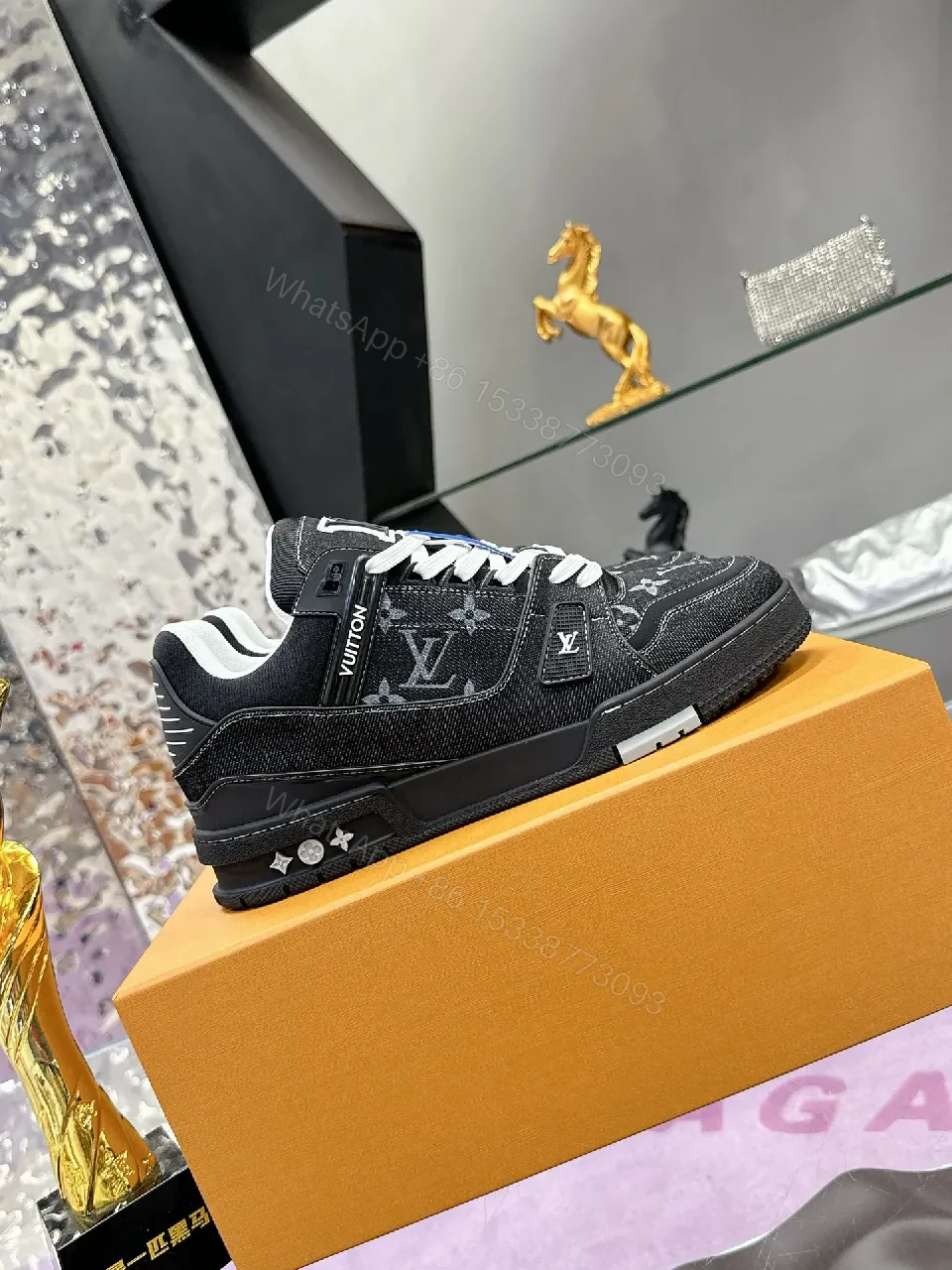 View 3 of Bold Black Denim-Textured Sneakers with LV Monogram