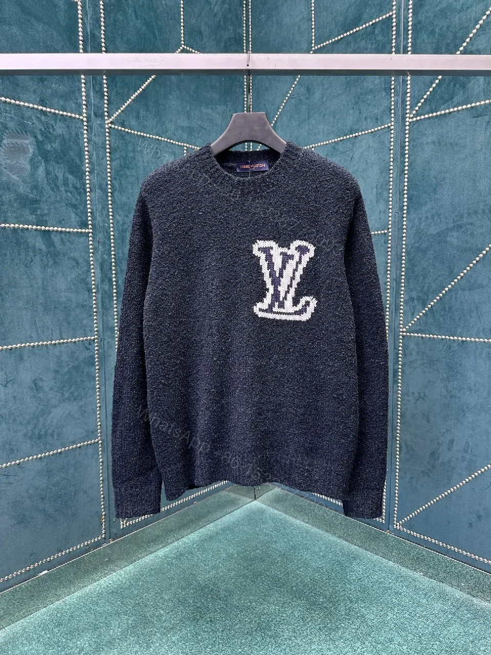 Textured Knit Crewneck with Subtle LV Emblem, Navy, Mid-Weight Luxury — view 1