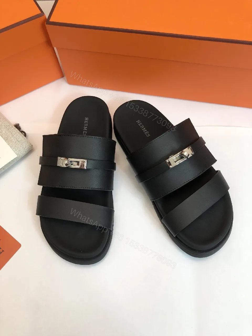 View 4 of Matte Black Leather Sandals with Signature Hardware