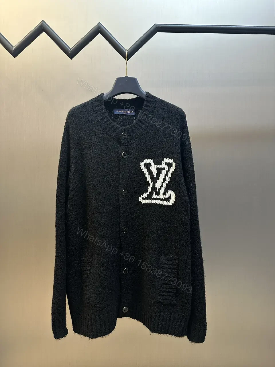 Cozy Luxe Knit Cardigan with Bold Emblem, Mid-Weight Style — view 1