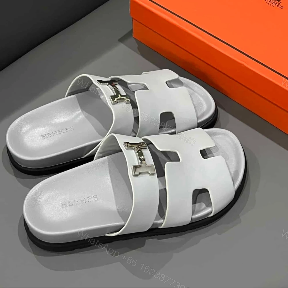 View 2 of Hermes Chypre Sandal H Logo Silver Hardware Light Grey