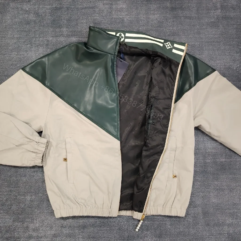 View 10 of Color-blocked Leather-Texture Windbreaker with LV-Inspired Accent