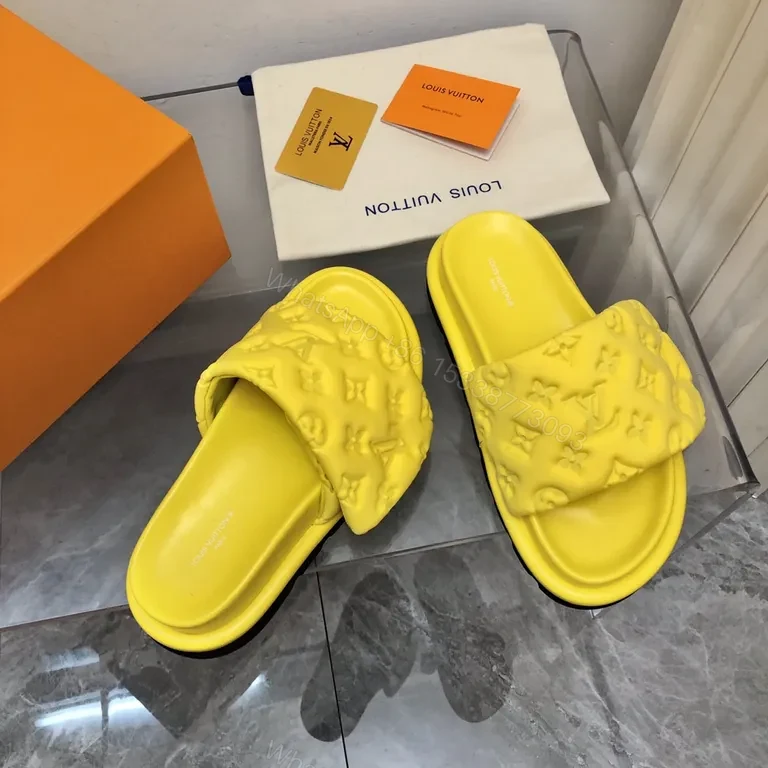 View 5 of Neon LV-Inspired Slides: Luxe Monogram Comfort Sandals