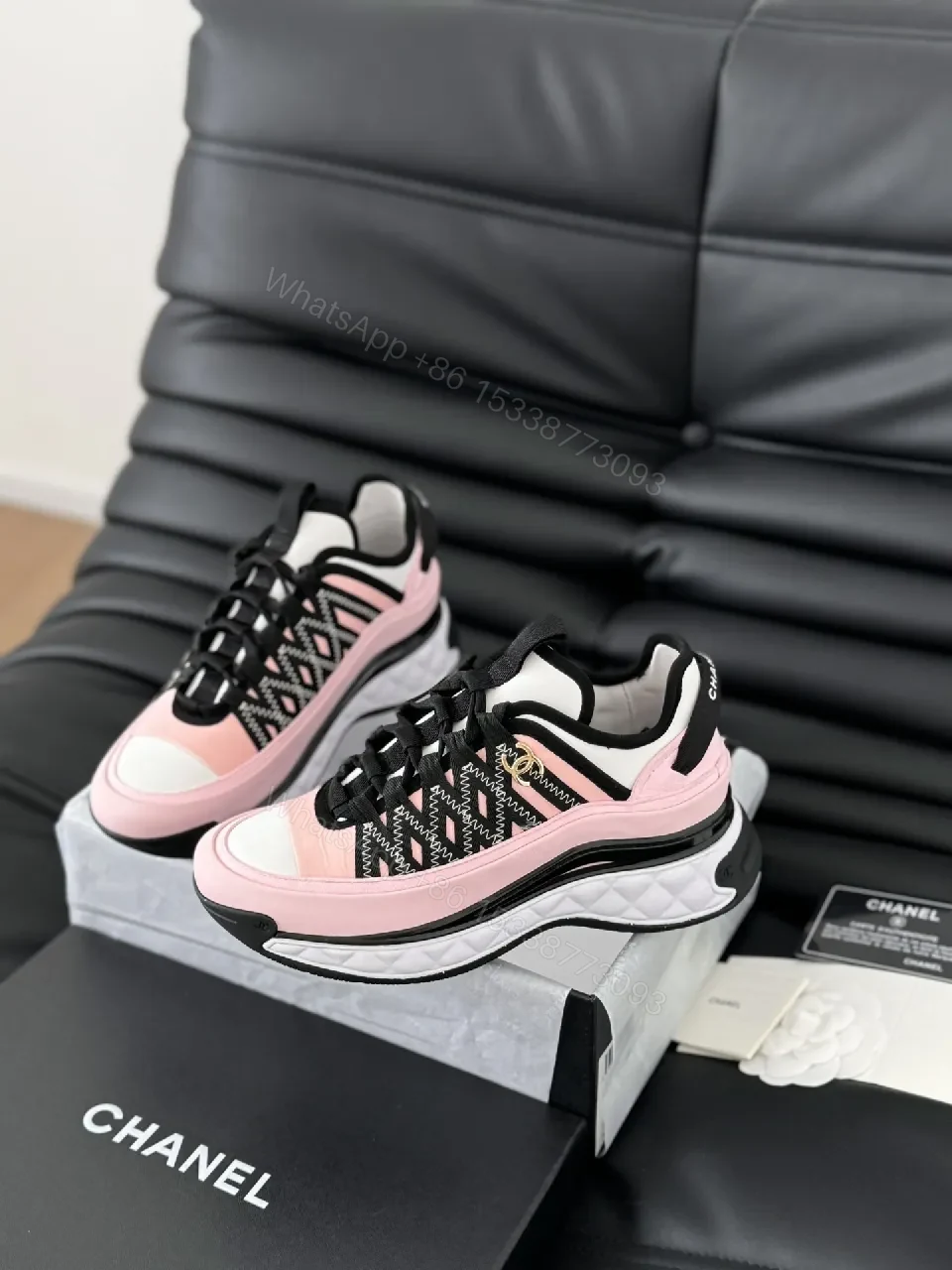 View 3 of Pink & Black Patterned Low-Top Sneakers with Luxe Details