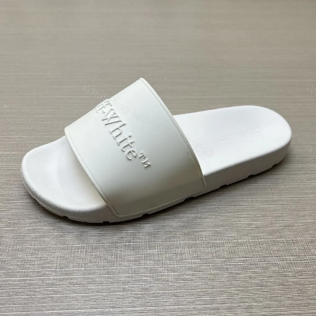 View 9 of White Leather-Feel Slides + Embossed Logo + Minimalist Luxury Sandals