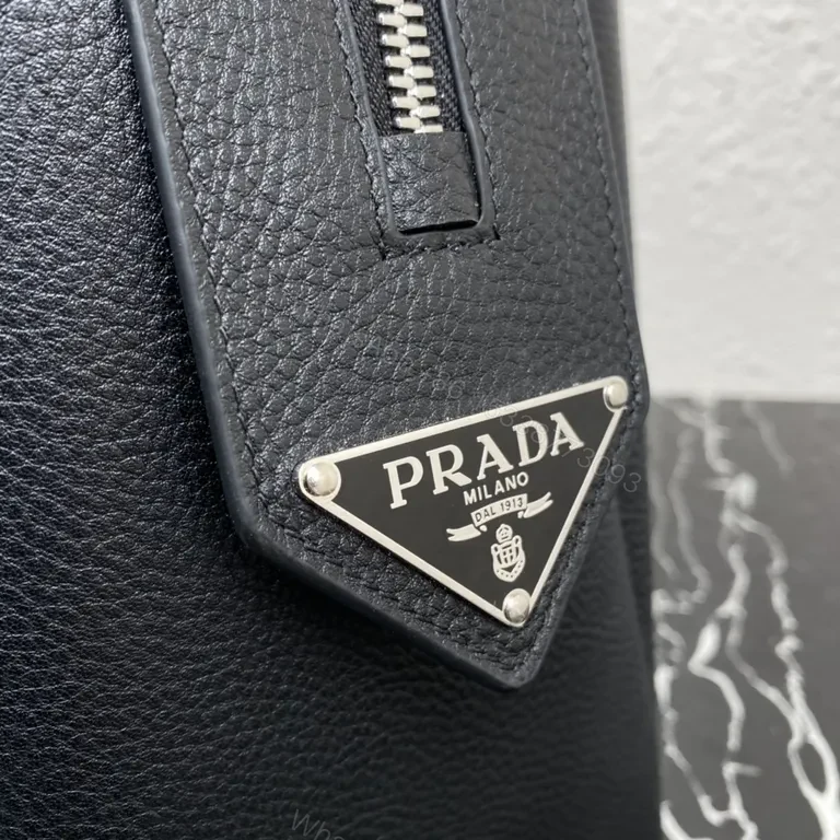 View 4 of Structured Black Pebbled Leather Carryall: Prada-inspired Luxury Tote