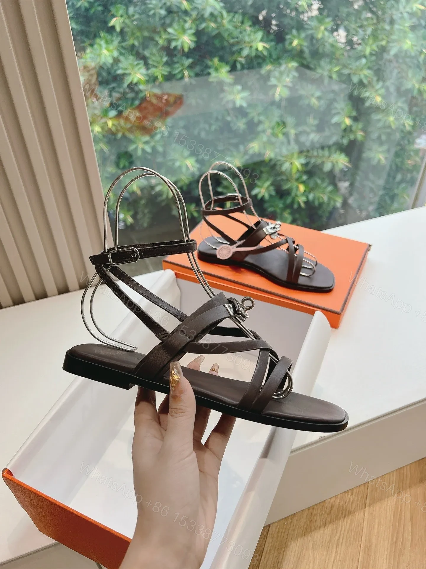 View 5 of Hermes Women Dark Brown Leather Strappy Sandals