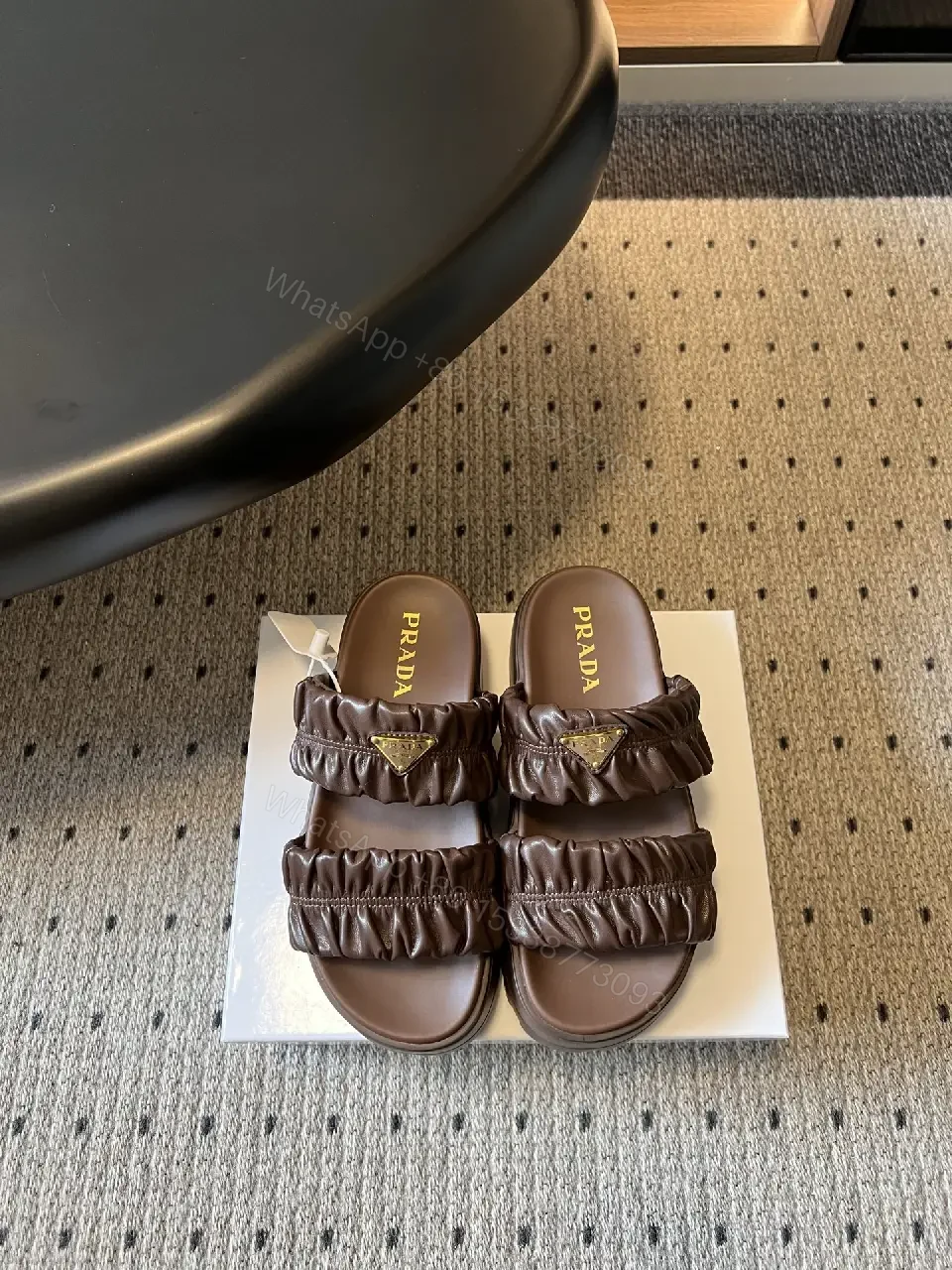 View 3 of Brown Leather Slid​ers Padded Ruched Casual Metro Logo Slides