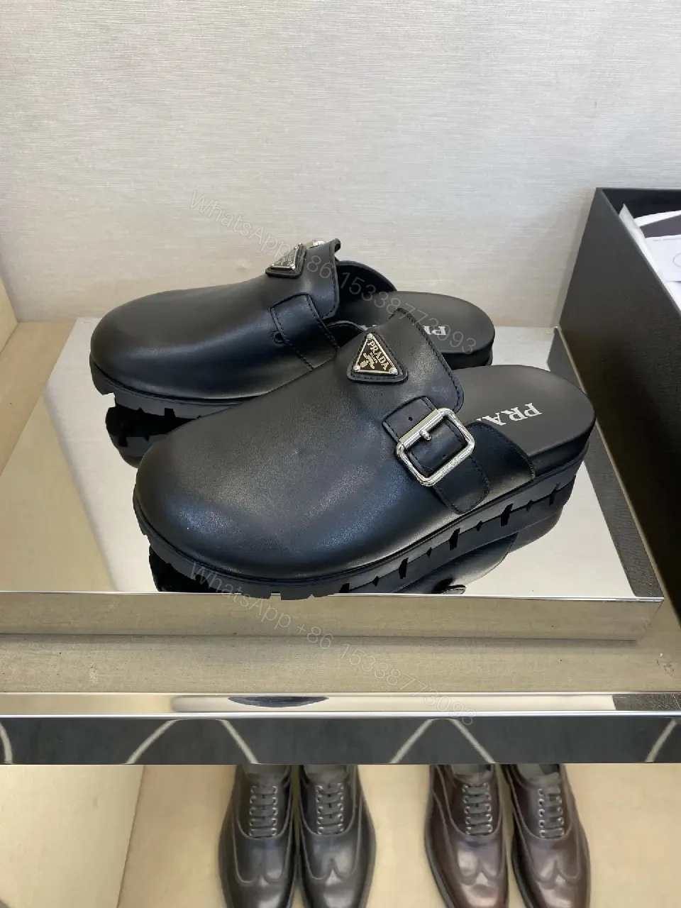 View 9 of Black Leather Slip-ons Mens Prada Style Buckle Sandals