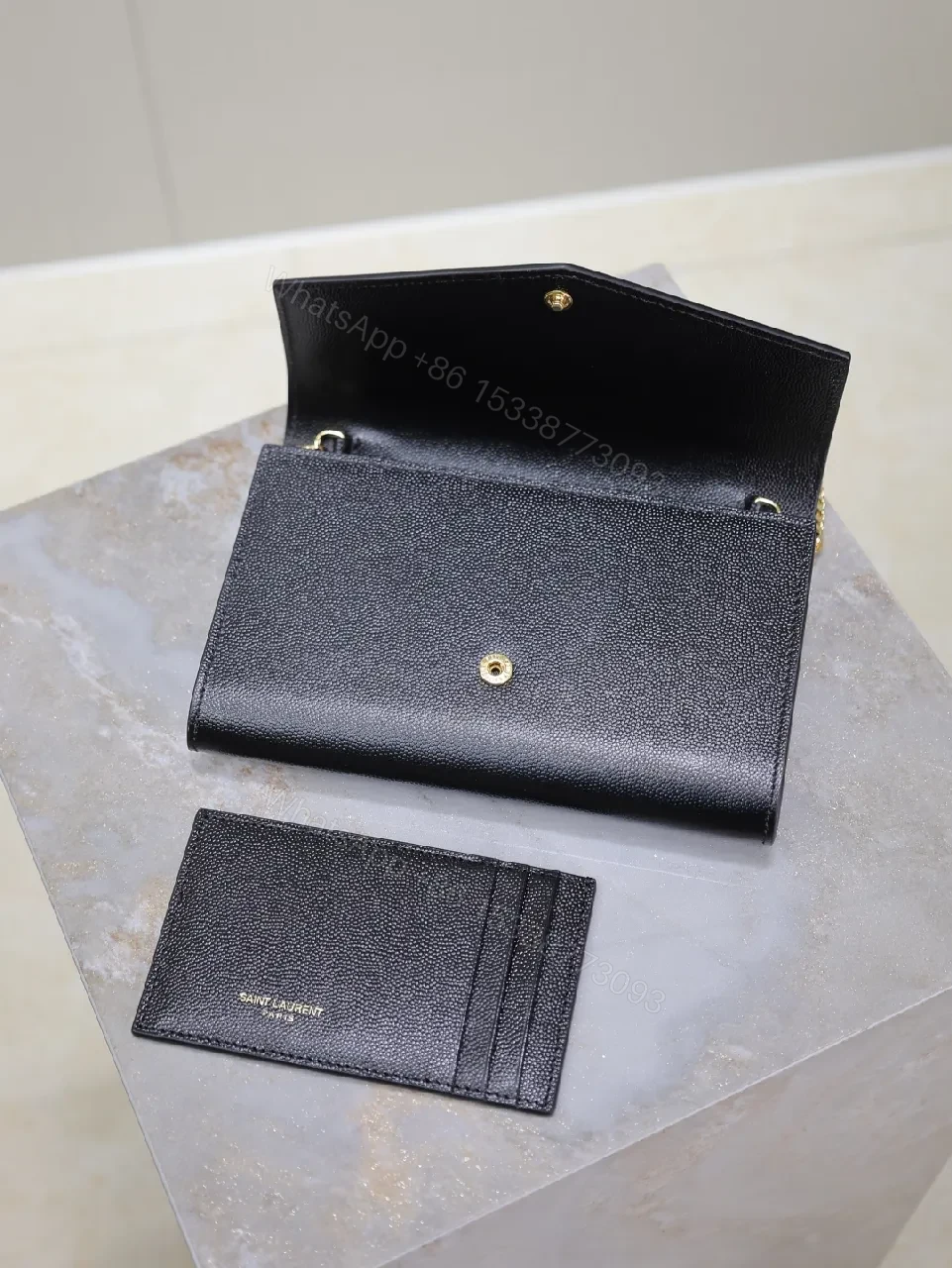View 8 of Chic Black Leather Wallet Clutch with Gold Hardware