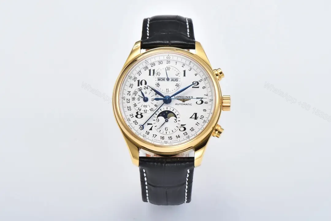 Longines Master Collection Moon Phase Chronograph Watch Gold Case Black Leather Strap White Dial — view 1