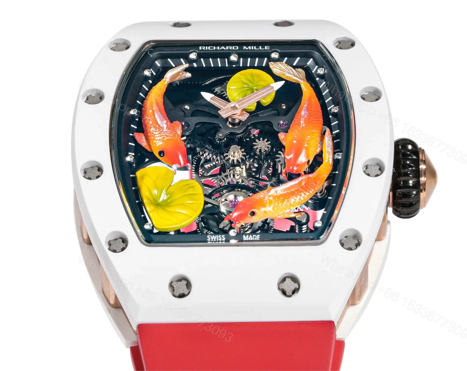 View 4 of Richard Mille RM S10 Koi Tourbillon Watch Red Strap Colorful Koi Art Dial Red Gold Diamond Decoration Flying Tourbillon Mechanical Edition RM-S10-KOI-RDS-ART