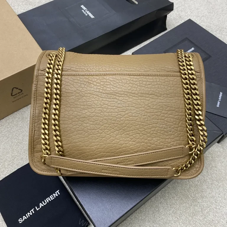 View 5 of Structured Pebble-Leather YSL Monogram Bag, Gold Hardware, Crossbody/Shoulder