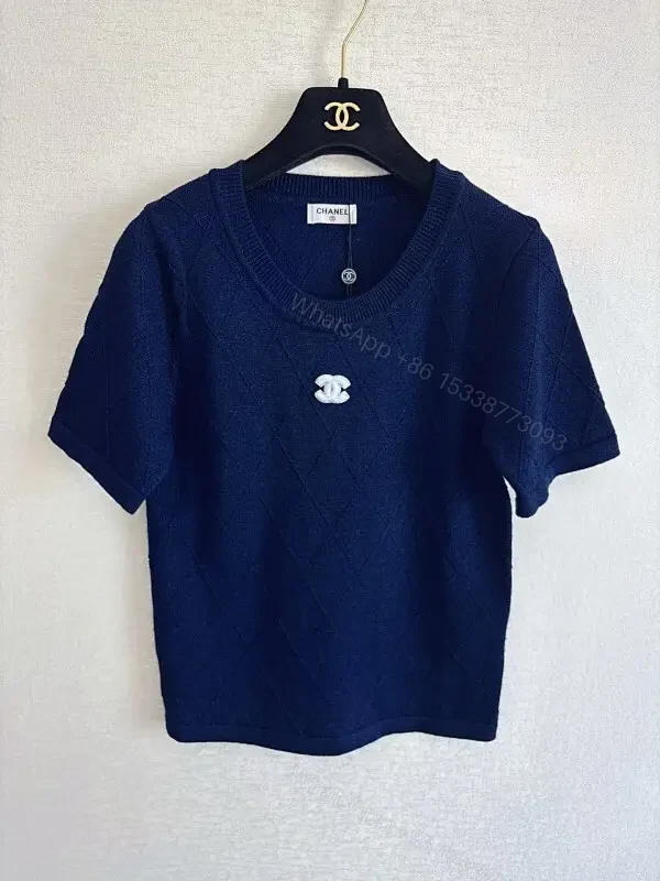 Navy Knit Tee with Quilted Texture and Subtle Crest — view 1