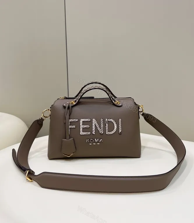 Taupe Leather Fendi-Style Structured Handbag with Logo Detailing — view 1