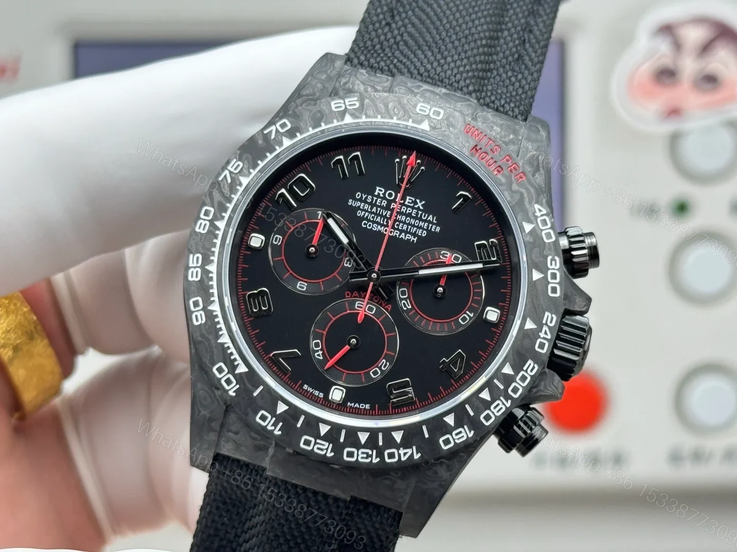View 5 of Rolex Daytona Carbon Fiber Black Red Replica 40MM Premium Black Fabric Strap R74-BLACK-RED