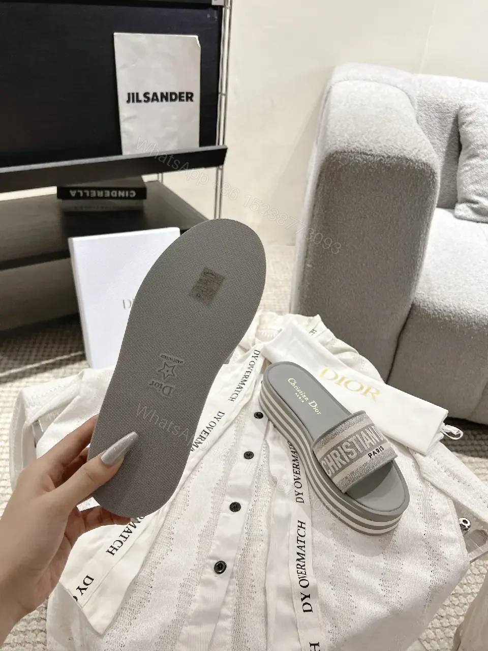 View 2 of Gray Dior Slides with Logo Strap Slippers