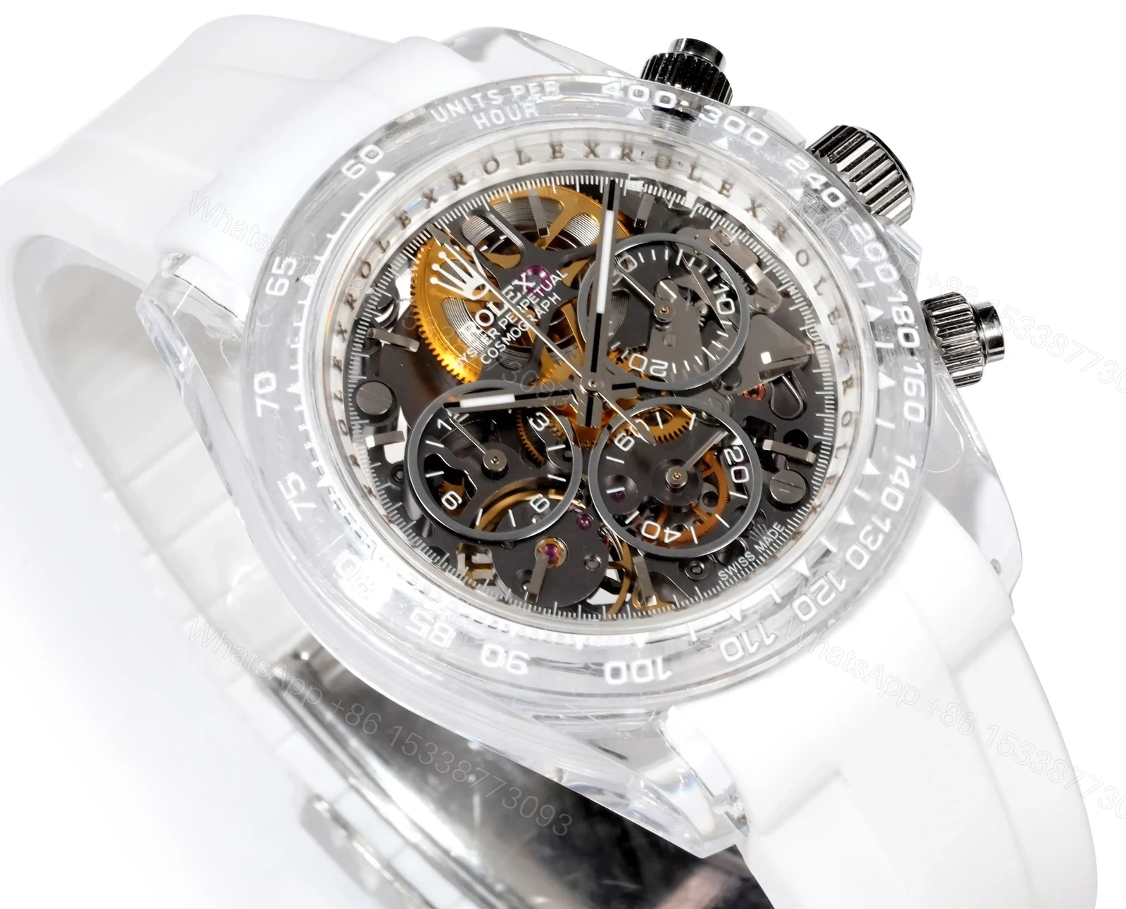 View 3 of Rolex Daytona Skeleton White Sapphire replica 40MM White Rubber Strap Edition RG-DAYTONA-SKELETON-WHITE-SAPPHIRE-RUBBER-40