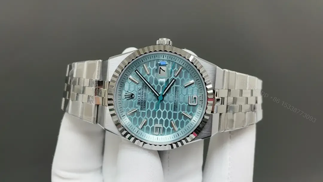 View 2 of Rolex Land-Dweller 40 Ice Blue Honeycomb replica 40MM Platinum Flat Jubilee Bracelet 127336-0001