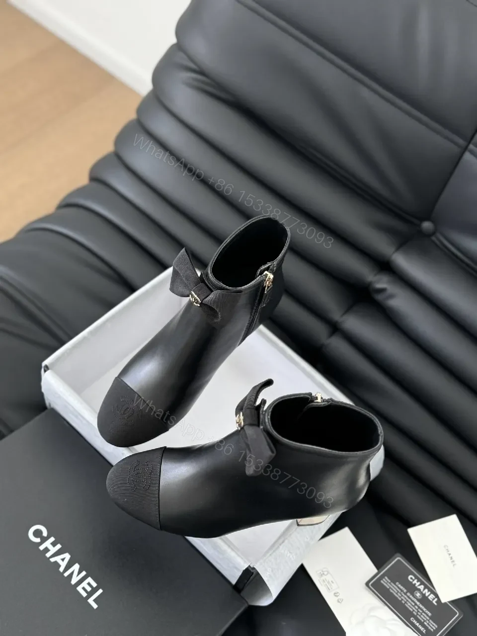 View 2 of Chic Quilted Ankle Boots with Satin Bow Detail and Gold Accent