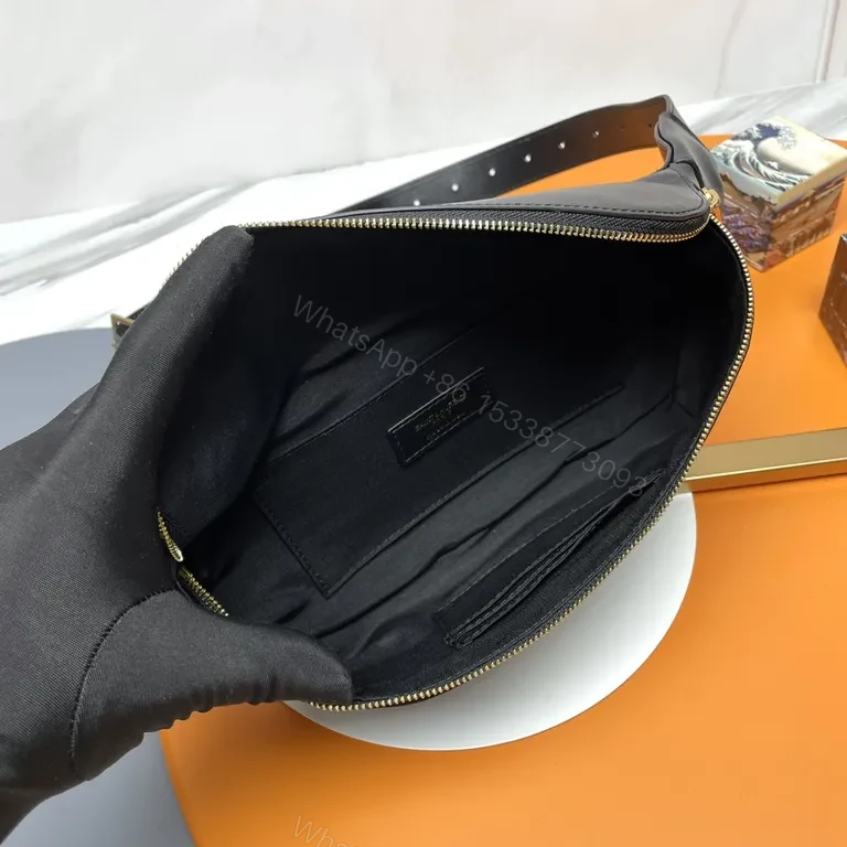 View 4 of Compact Luxe Belt Bag: YSL Monogram, Black Leather, Gold-Hardware
