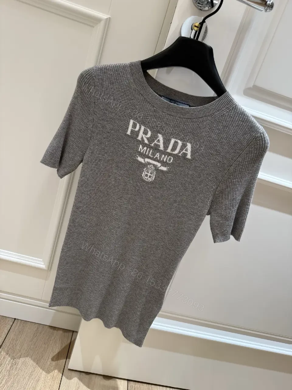 View 7 of Gray Heather Knit Tee, Relaxed Fit, Fine Rib Texture, Prada Logo