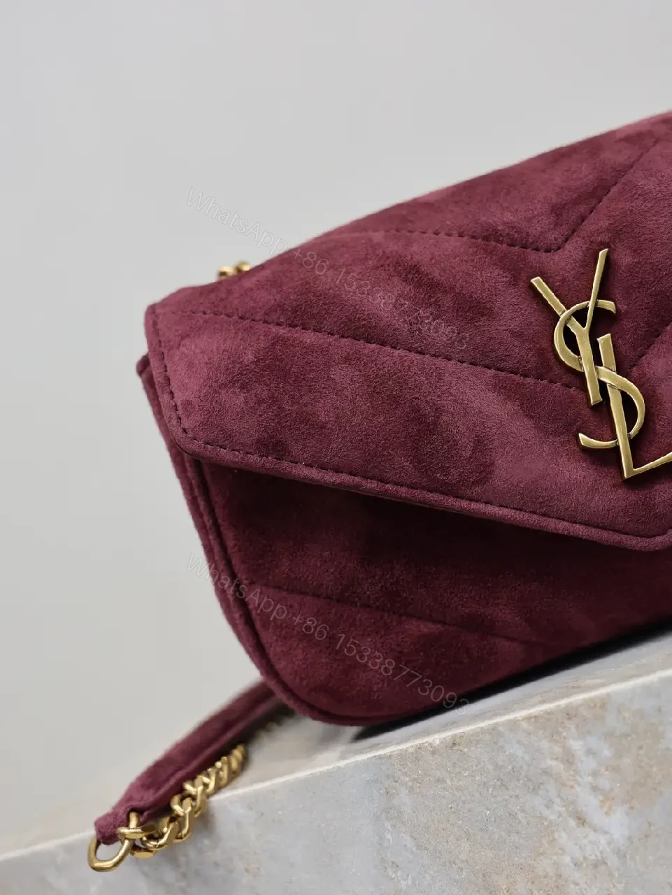 View 8 of Burgundy Suede Crossbody Bag with Gold Hardware
