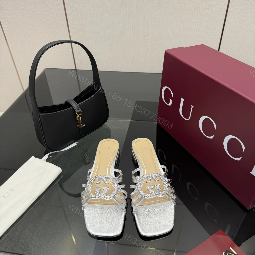 View 3 of Gucci Women Slide With Crystal Interlocking G Silver