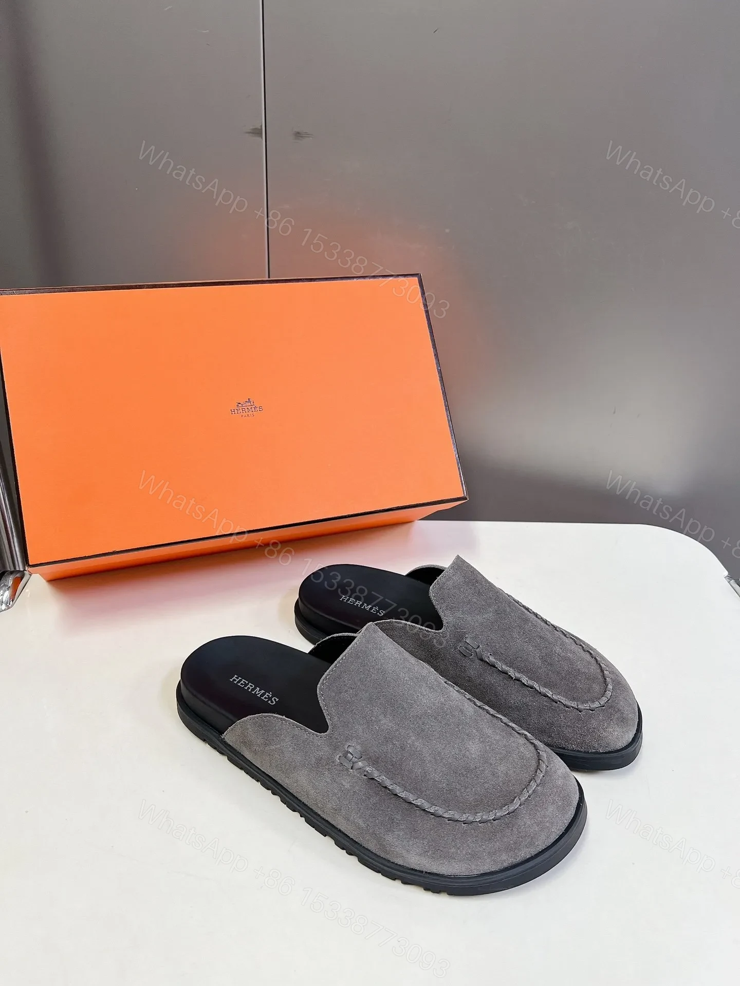 View 5 of Hermes Women Gray Suede Slip-On Loafers