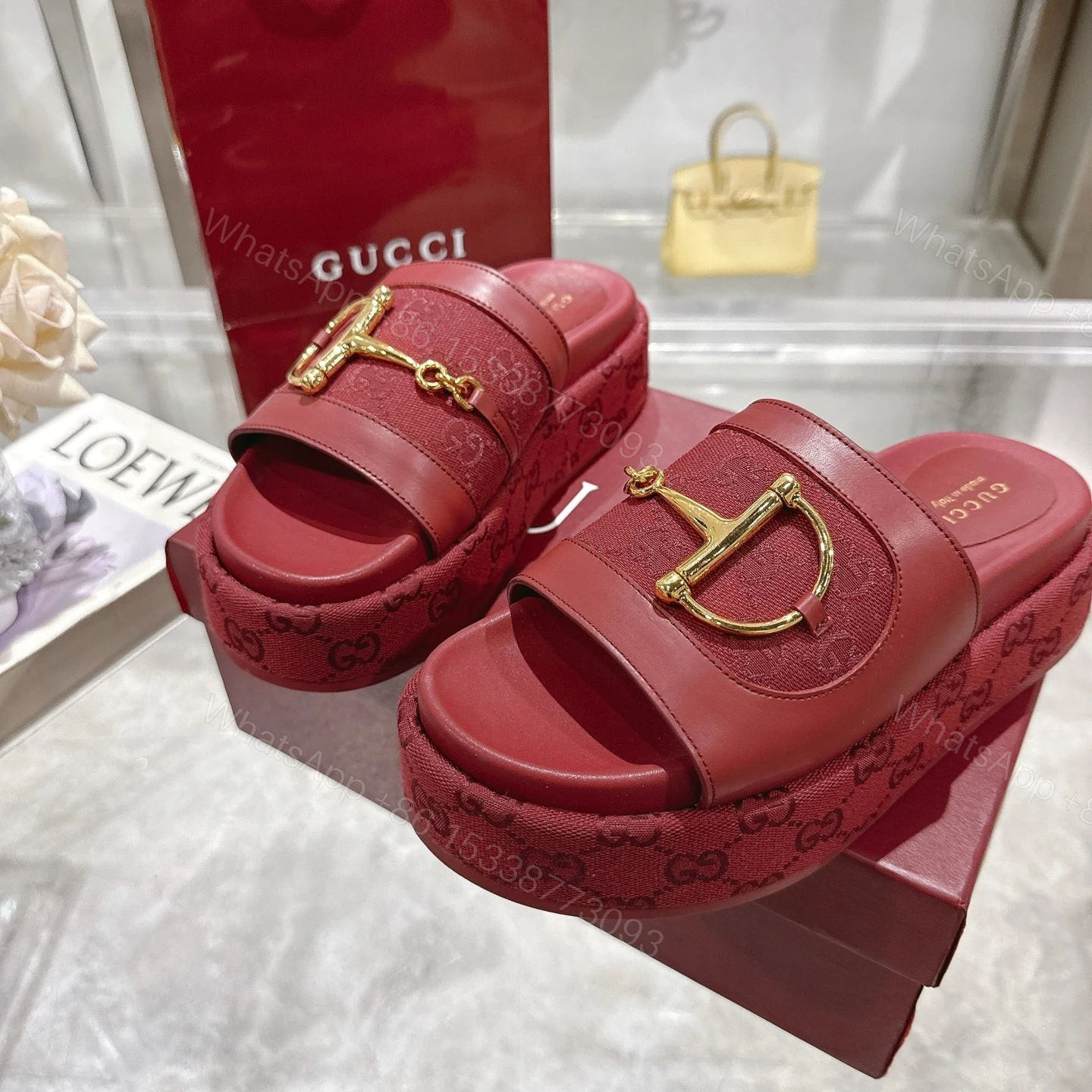 View 7 of GUCCI WOMEN’S PLATFORM SLIDES WITH HORSEBIT BURGUNDY