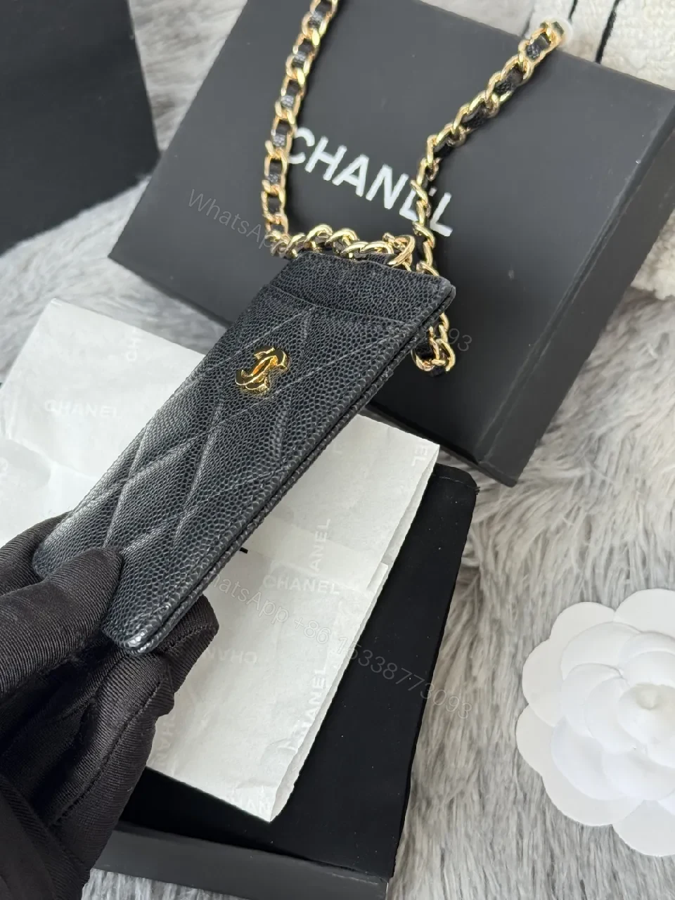 View 6 of Textured Quilted Cardholder with Chain Detail - Compact Luxury