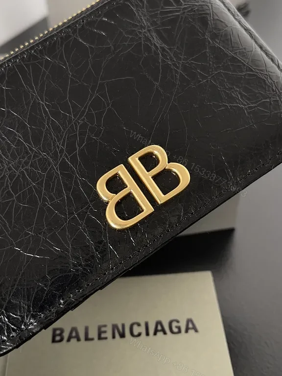 View 4 of Chic Black Leather Mini Cardholder Wallet with Gold BB Accent