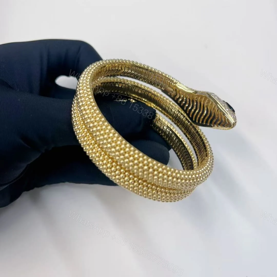 View 4 of 18kt Gold Bvlgari Serpenti Two-Coil Bracelet With Head and Tail Diamonds Onyx 358432