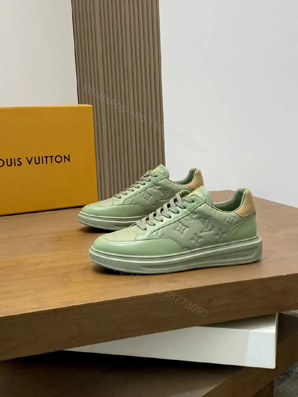 View 2 of Green Leather Sneaker: Subtle Monogram, All-Day Comfort, Modern Style