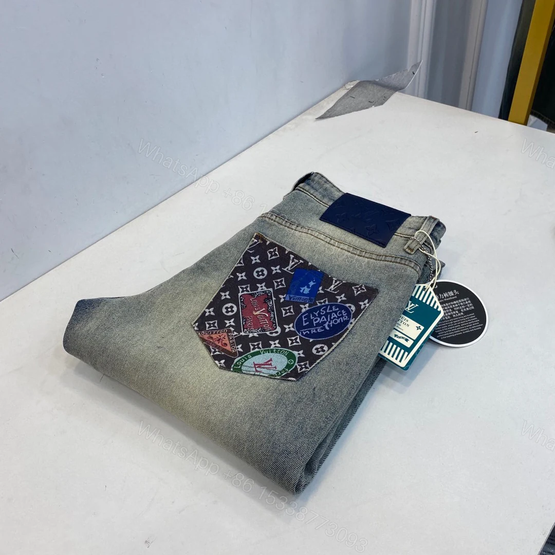 LV 高仿印花口袋牛仔褲 復古水洗拼接潮褲 — view 1