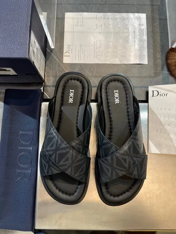 View 2 of Premium Black Leather Slide with Textured Texture + All-Day Comfort Slide