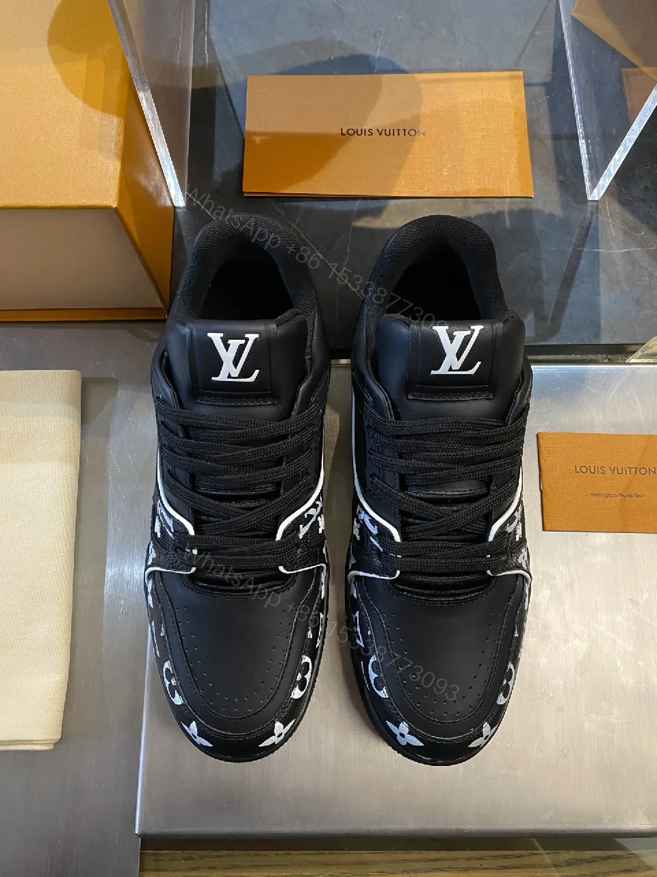 View 4 of Monochrome Leather Trainers with Monogram Piping, Luxury Sneaker