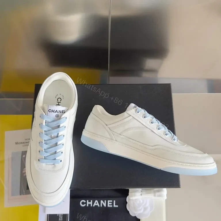 View 8 of Premium White Chanel-Style Leather Sneakers with Light Blue Laces